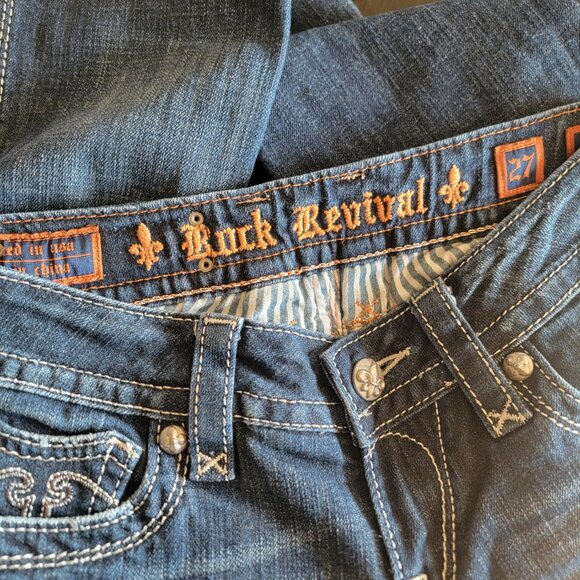 Rock Revival Women Deborah Boot Cut Jean 27 Med/Dark Wash Silver Metallic Stitch - Picture 15 of 15